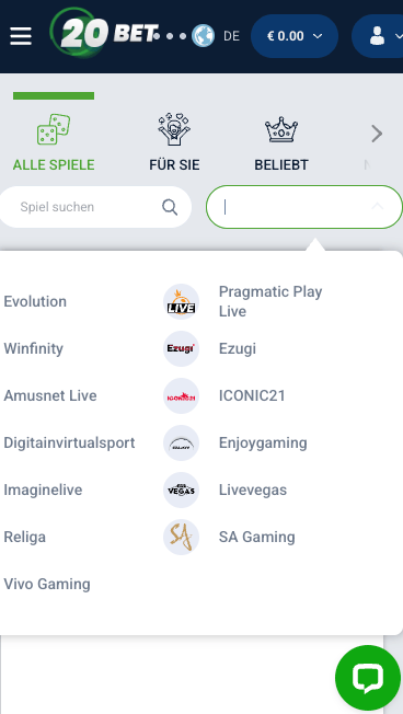 Anbieterauswahl im 20Bet Casino