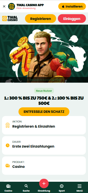 Tikal Casino Screenshot mit dem 10 € Bonus.
