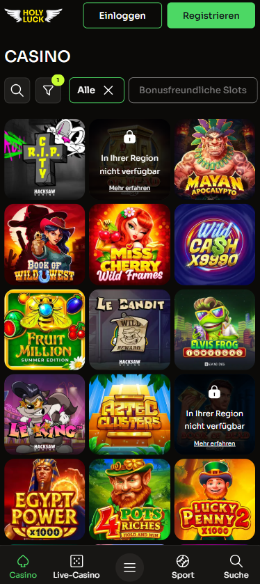 Spiellobby im Holy Luck Casino zeigt Spiele wie Fruit Million neben anderen Spielkategorien
