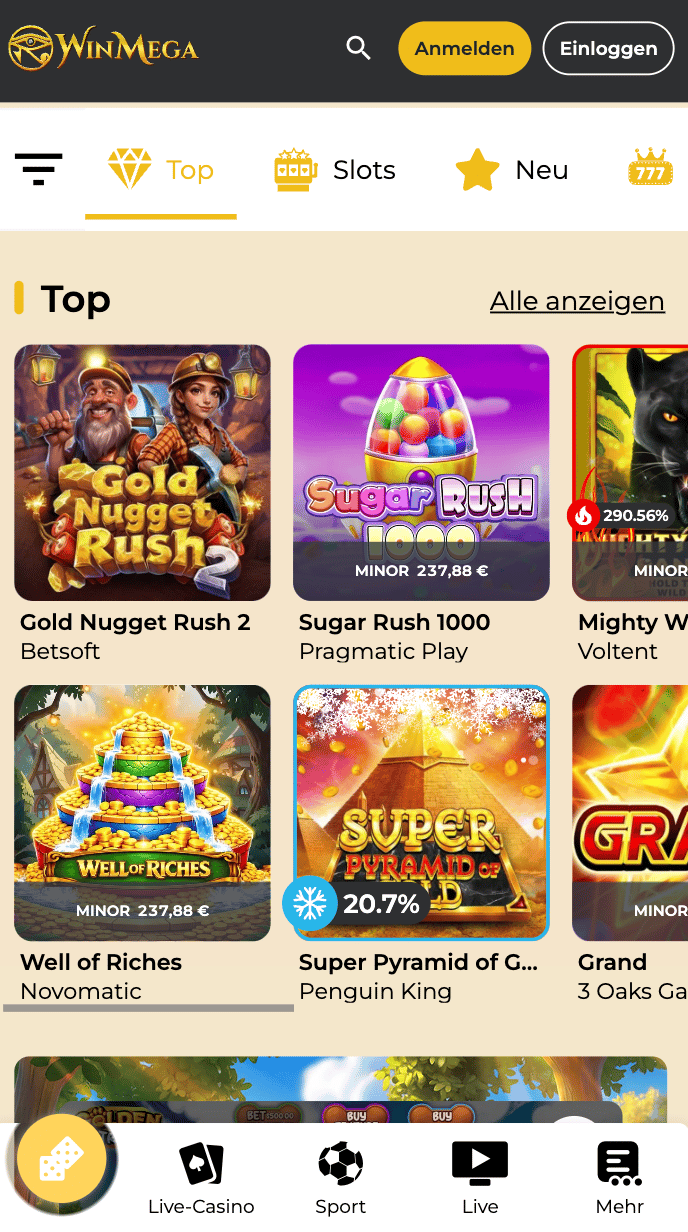 Win Mega Casino Spiellobby zeigt top Spiele wie Sugar Rush 1000 neben anderen Spielkategorien