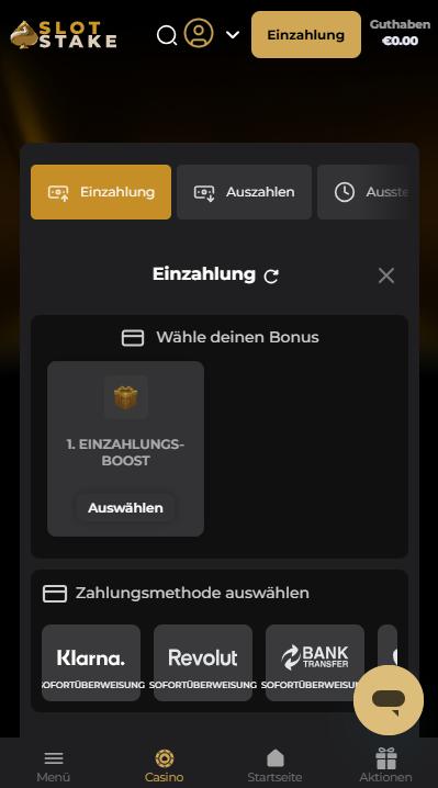 Slotstake Screenshot mit dem Kassenbereich.