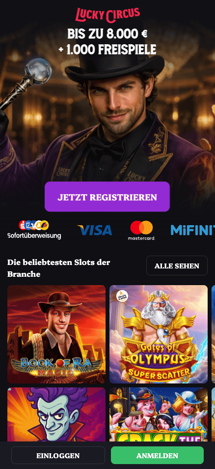 Startseite im Lucky Circus Casino zeigt Willkommenspaket und beliebte Slots