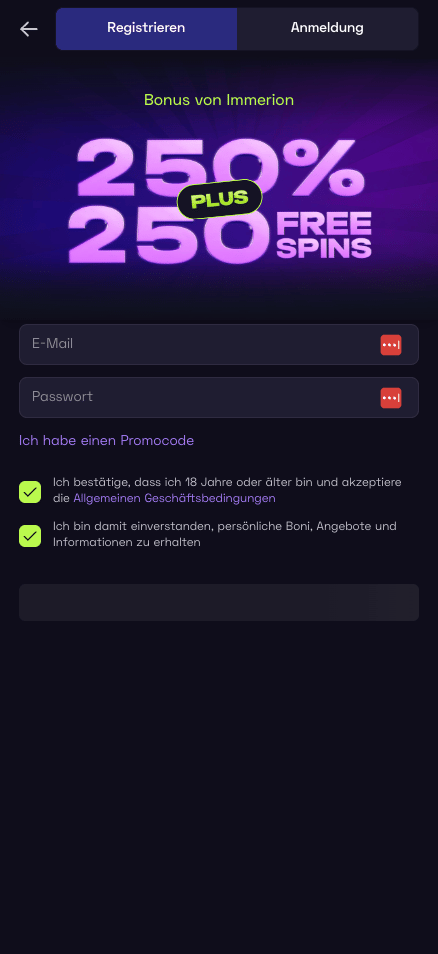 Immerion Casino Registrierungsformular