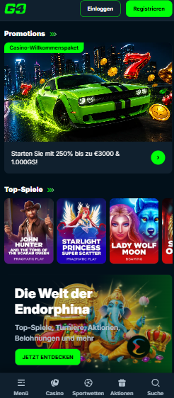 Startseite im Go4Casino zeigt Willkommensbonus neben top Spielen