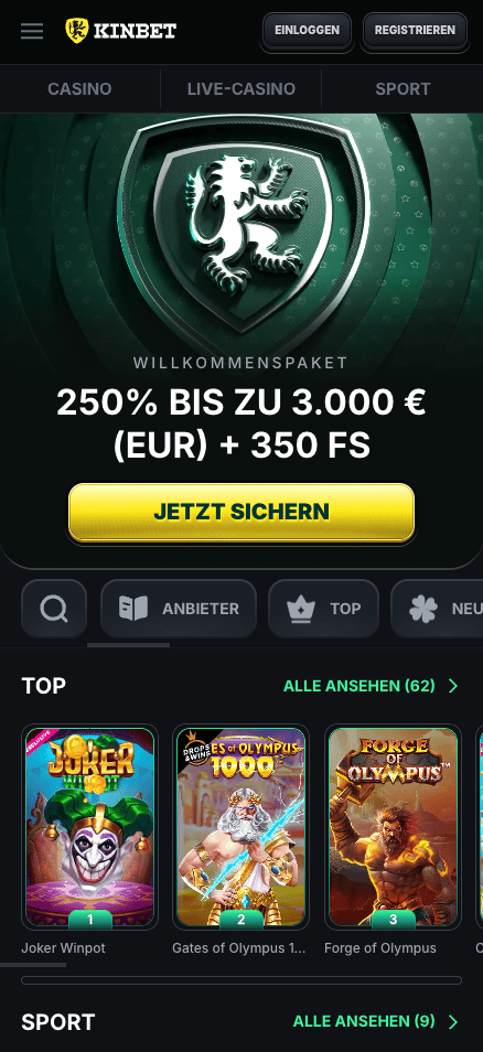 Kinbet Casino Startseite zeigt Willkommenpaket und top Spiele