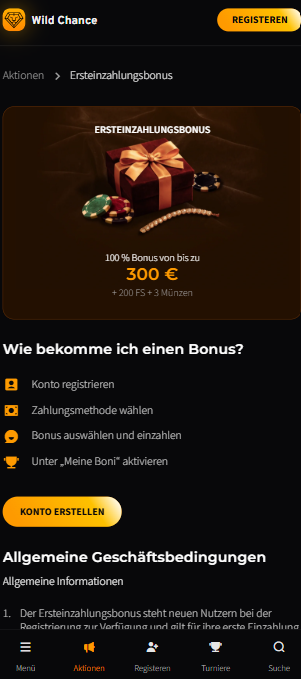 Wild Chance Screenshot mit dem Casino Bonus.