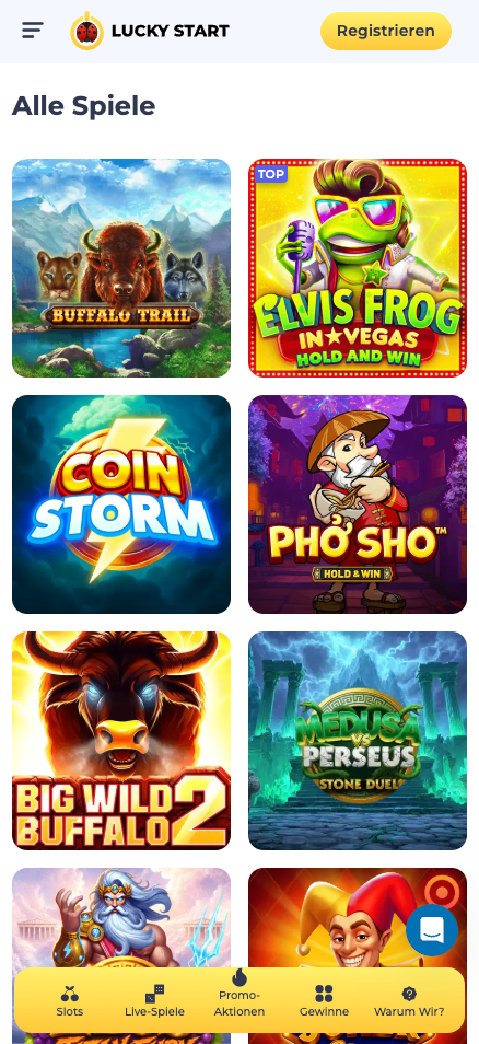 Spiellobby im LuckyStart Casino zeigt Spiele wie Coin Storm neben anderen Spielkategorien