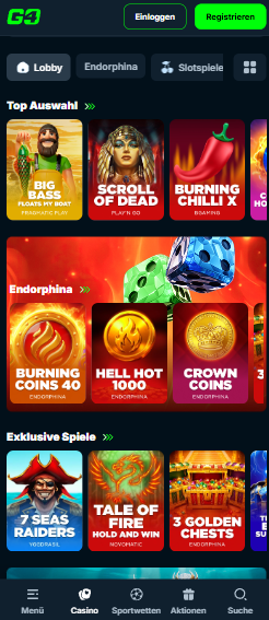 Spiellobby im Go4 Casino zeigt exklusive Spiele wie Tale of Fire neben anderen Spielkategorien