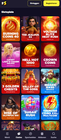 Spiellobby im Freespinza Casino zeigt Spiele wie Crown Coins und Bigger Bass Bonanza