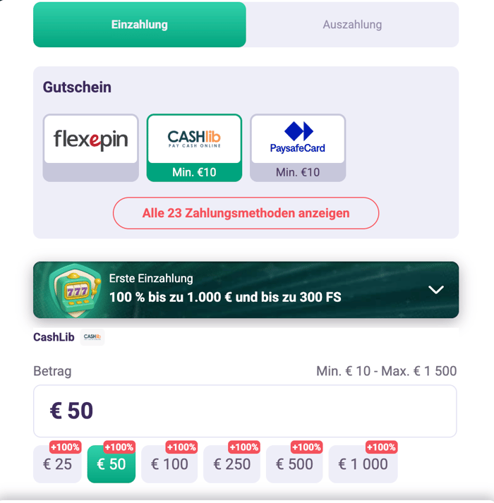 Einzahlung mit CASHlib im Safecasino
