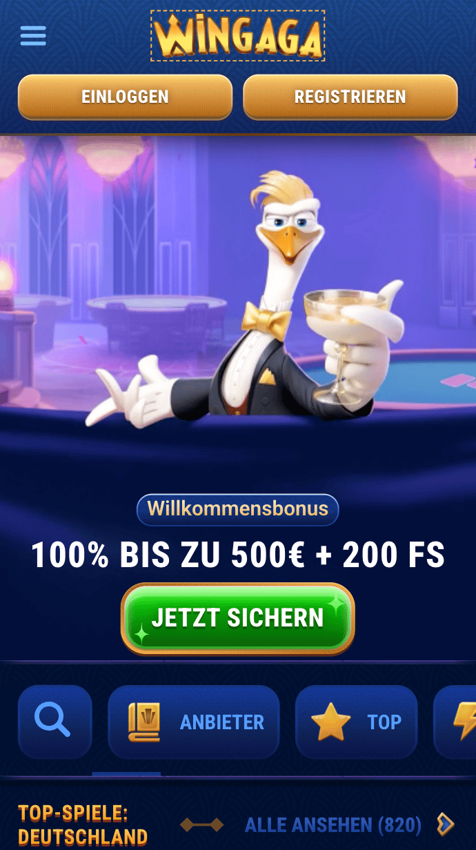 Wingaga Casino Startseite mit Willkommensbonusbanner, Spielkategorien, Suchoption, Anmeldebutton und Casinobereichen