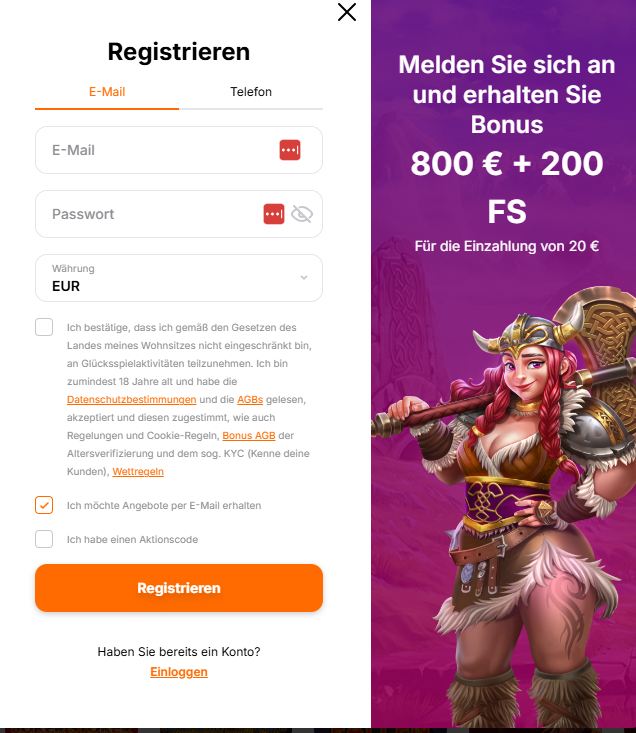 Screenshot vom Hit n Spin Casino mit der Anmeldeseite zum Erhalt des 50 Euro No Deposit Bonus.,
