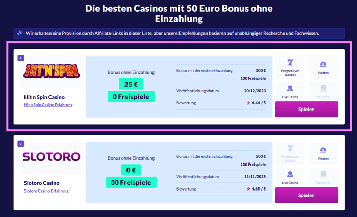 Screenshot von der Casino Auswahl für den 50 Euro Casino Bonus ohne Einzahlung.