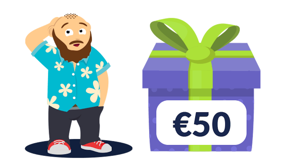 Grafik zeigt nachdenklichen CasinoBernie neben Geschenkbox mit 50 Euro Zeichen