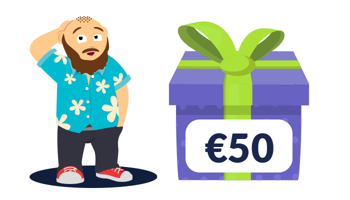Grafik zeigt nachdenklichen CasinoBernie im blauen Hawaiihemd, neben ihm ist eine Geschenkbox mit 50 Euro Zeichen, welche den 50 Euro Casino Bonus ohne Einzahlung darstellt. Die Geschenkbox ist blau und hat eine grüne Schleife.