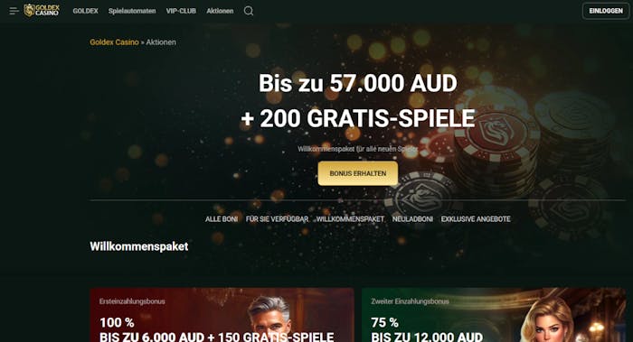 Goldex Casino Screenshot mit dem Willkommensbonus Angebot. Das Design des Cashback Casinos ist in schwarz und gold gehalten.