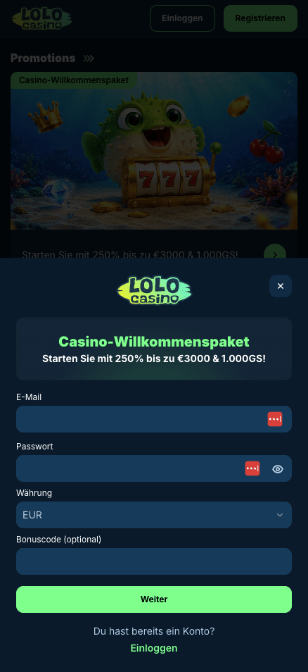 Anmeldeformular im Lolo Casino