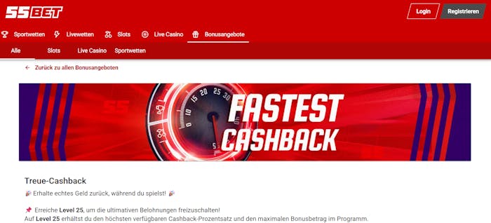 55bet Screenshot mit dem Cashback Angebot von 20 %.
