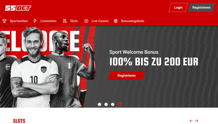 Die Homepage von 55Bet Casino, mit einer Beschreibung über den Sport-Willkommensbonus von 100 % bis zu 200 €