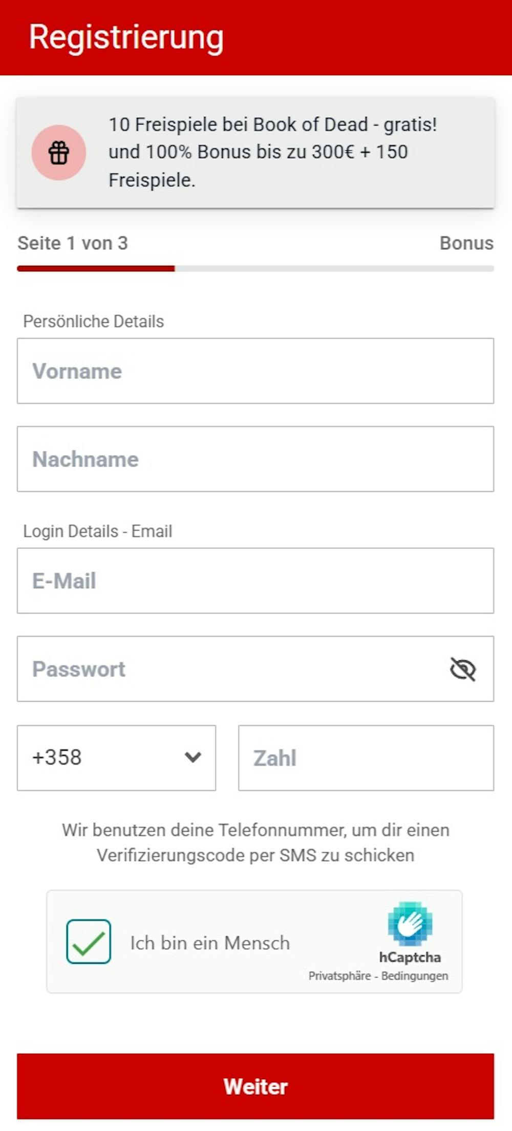Das Registrierungsformular von 55Bet Casino