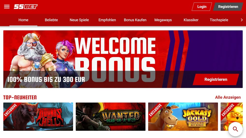 Die Spielauswahl bei 55Bet casino, mit Titeln wie Hound of Hell und Jackass Gold