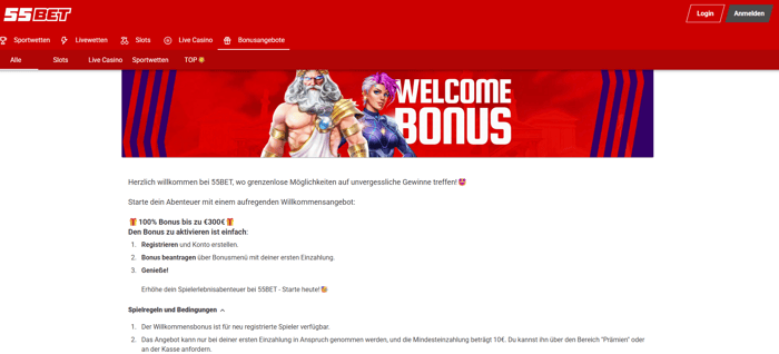 55Bet Casino Screenshot für den 10 Euro Einzahlungsbonus