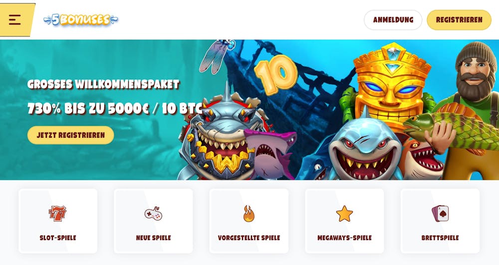 Starteseite des 5bonuses Casino mit Anmeldebutton, Willkommensbonusbanner, Spielkategorien