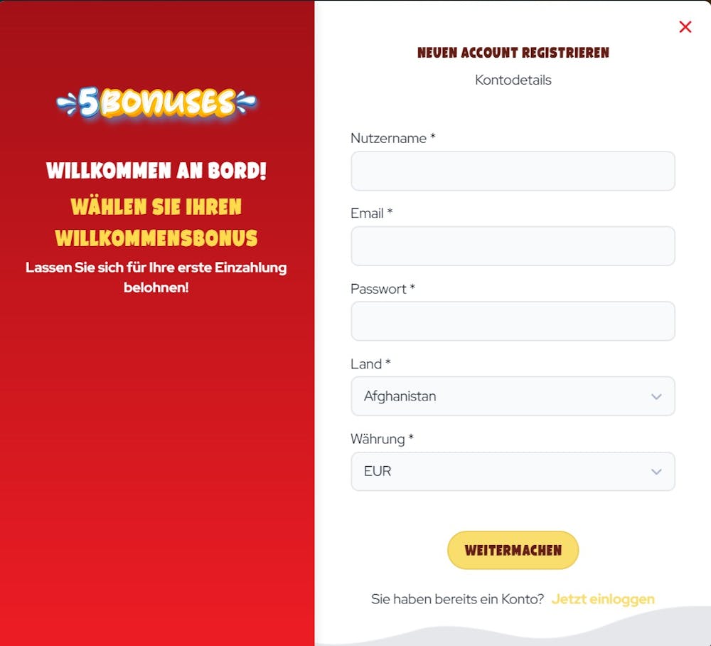 5Bonuses Casino Anmeldeformular mit Willkommensbonusangebot