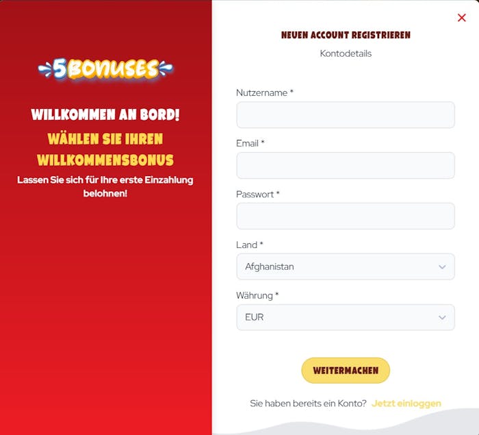 5Bonuses Casino Anmeldeformular mit Willkommensbonusangebot