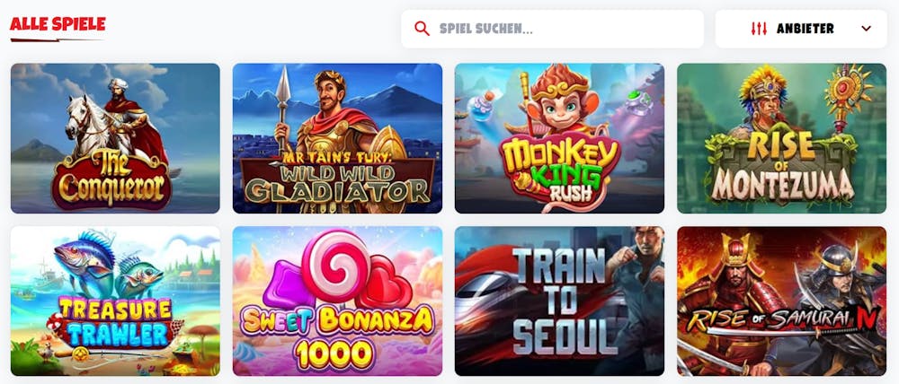 5Bonuses Casino Spiellobby mit Suchleiste, Anbieterfilter und acht Slotspielen