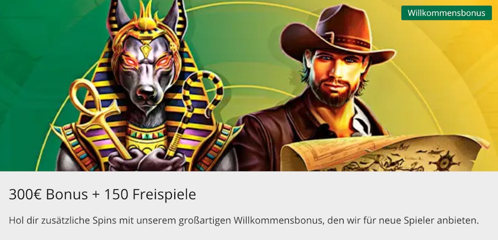 Abbildung eines Willkommensbonusangebots im Casino von 300 Euro plus 150 Freispiele