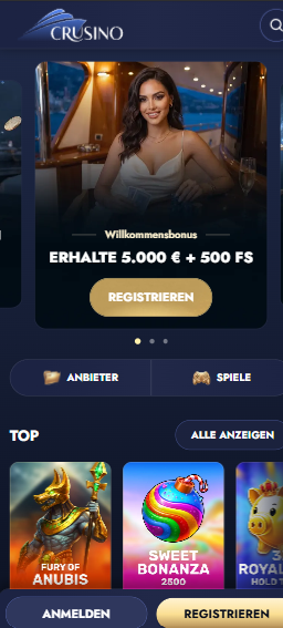 Startseite im Crusino Casino zeigt Aktionen, beliebte Spiele und Softwareanbieter 