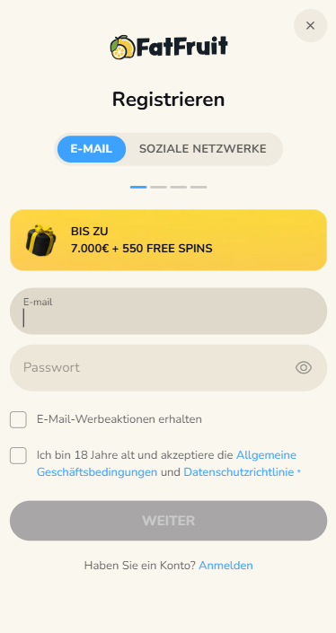 Registrierungsformular im Fatfruit Casino