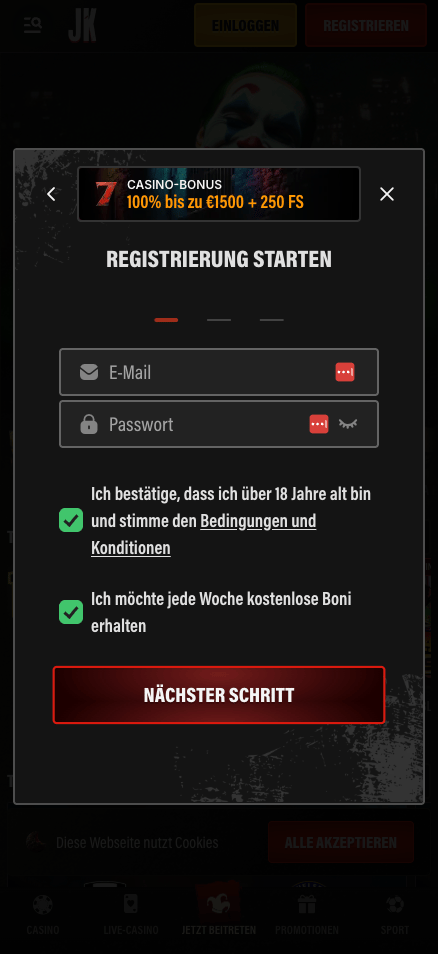 Jokery Casino Anmeldeformular