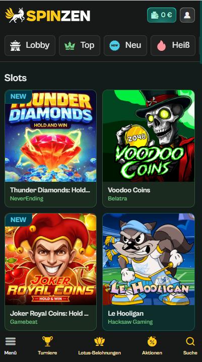 Spinzen Casino Screenshot mit der Slots Seite.