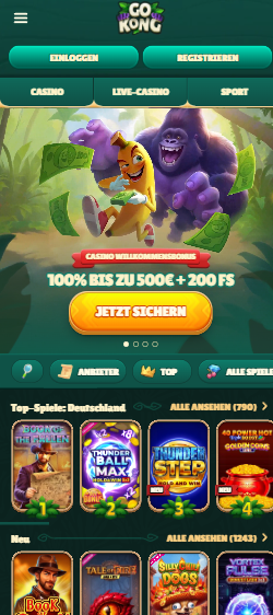Startseite im Go Kong Casino zeigt Willkommensbonus neben top Spielen in Deutschland