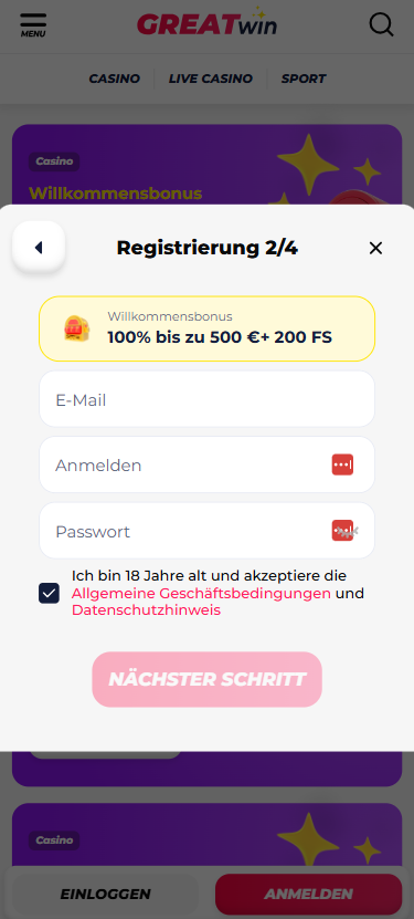 GreatWin Casino Registrierung