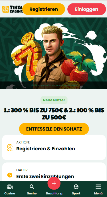 Tikal Casino Screenshot mit dem 300 Prozent Bonus.