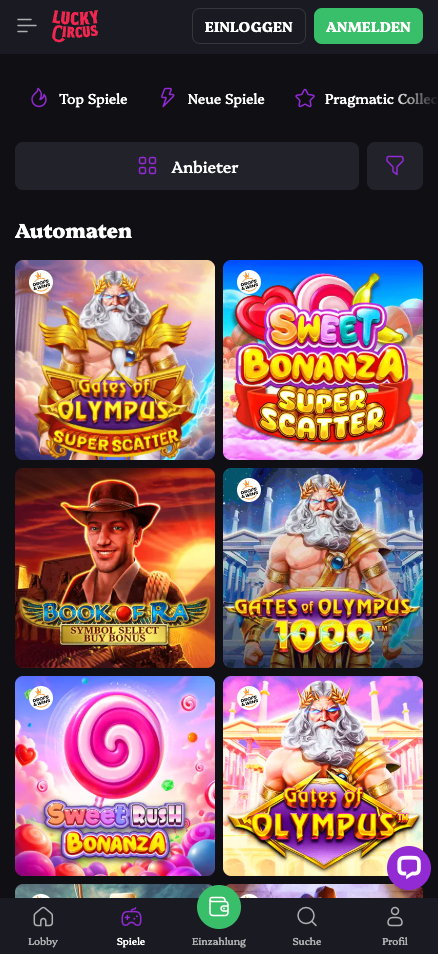 Spiellobby im Lucky Circus Casino zeigt beliebte Automaten wie Gates of Olympus neben Filteroptionen und Casinokategorien