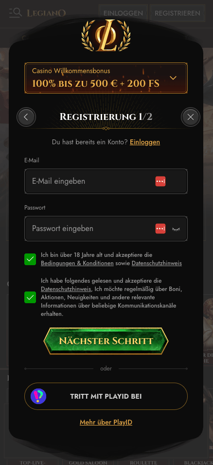 Anmeldeformular im Legiano Casino