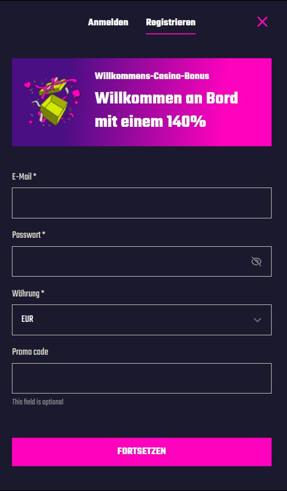 Das Registrierungsformular von Frenzino Casino