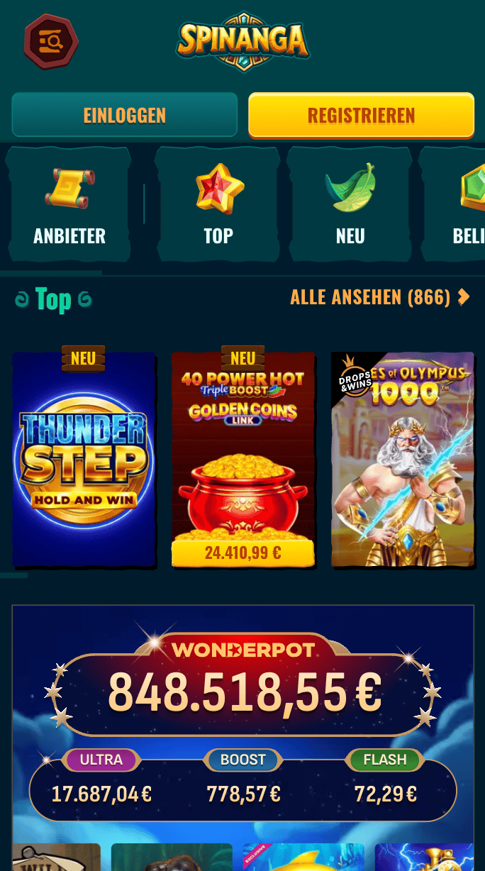 Spinanga Casino Spielauswahl zeigt top Spiele wie Thunder Step