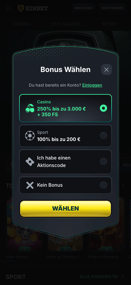 Anmeldeformular im Kinbet Casino