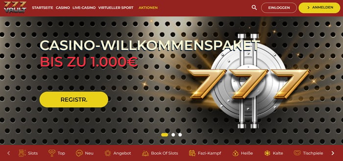 777Vault Casino Screenshot mit der Startseite, auf welcher man den Willkommensbonus sieht.