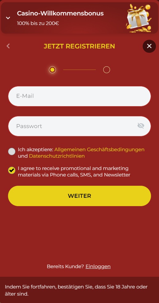 777Vault Casino Screenshot mit der Anmeldeseite zum Eingeben der Daten.