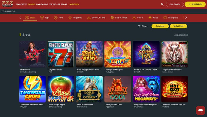 777Vault Casino Screenshot mit der Slot Seite.