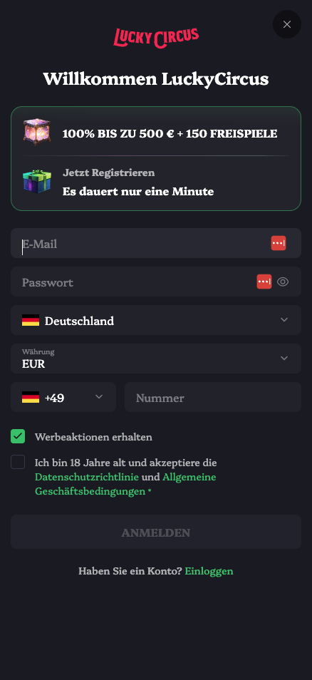 Registrierungsformular im Lucky Circus Casino