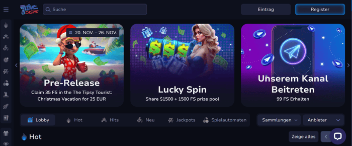 7Bit Casino Screenshot mit der Startseite, auf welcher man den Willkommensbonus sieht.