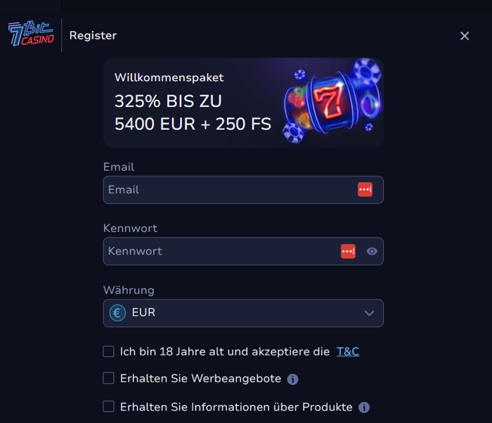 /Bit Casino Screenshot mit der Anmeldeseite zum Registrieren.
