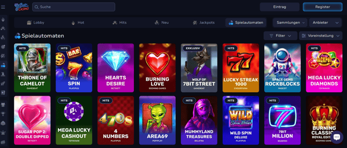 7Bit Casino Screenshot mit der Spieleseite, welche die Auswahl der Slots anzeigt.